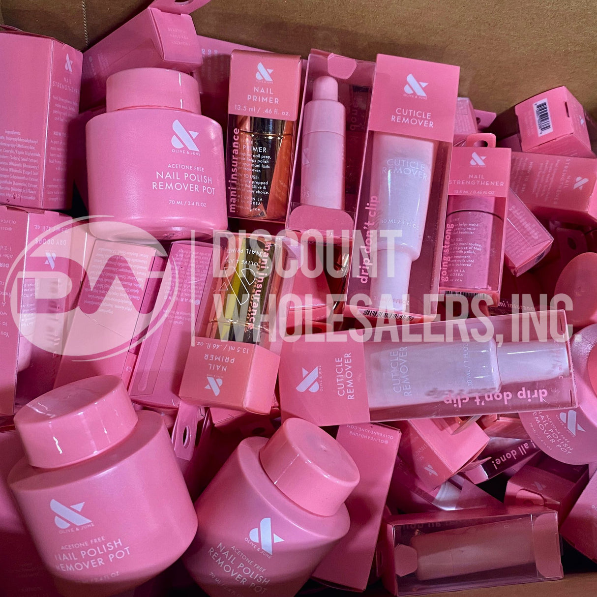 Olive & June Nail Care Assortment – Remover Pot, Primer, Cuticle, Strengthener & More (100 Pcs Lot)