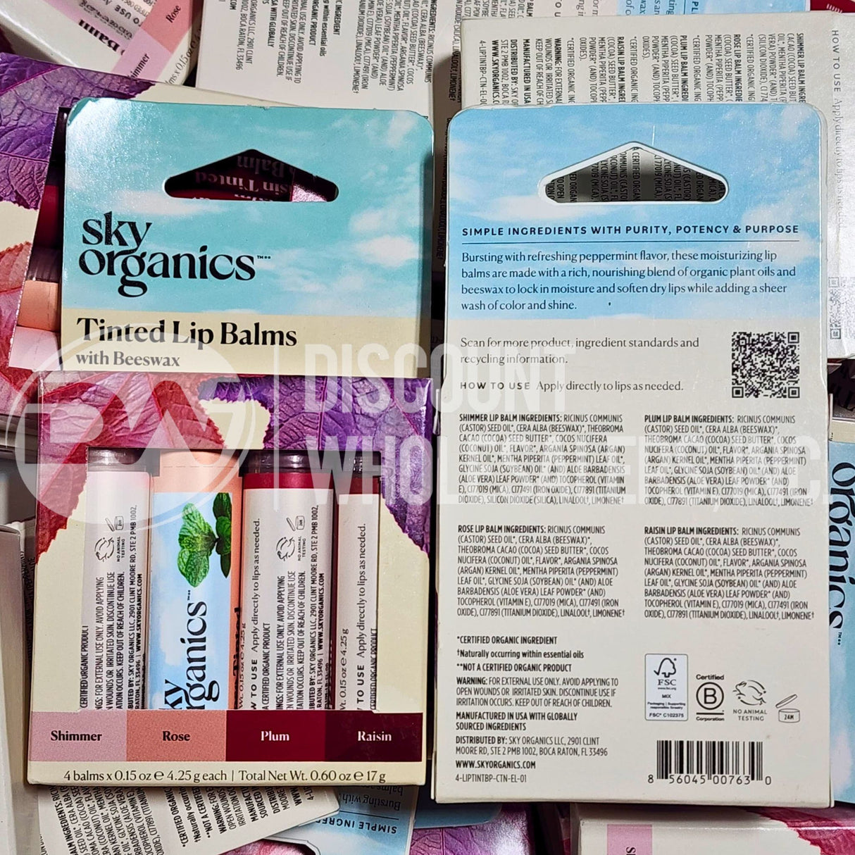 Sky Organics Tinted Lip Balms w/ Beeswax 4 Pack Shimmer, Rose, Plum & Raisin (210 Pcs Lot)