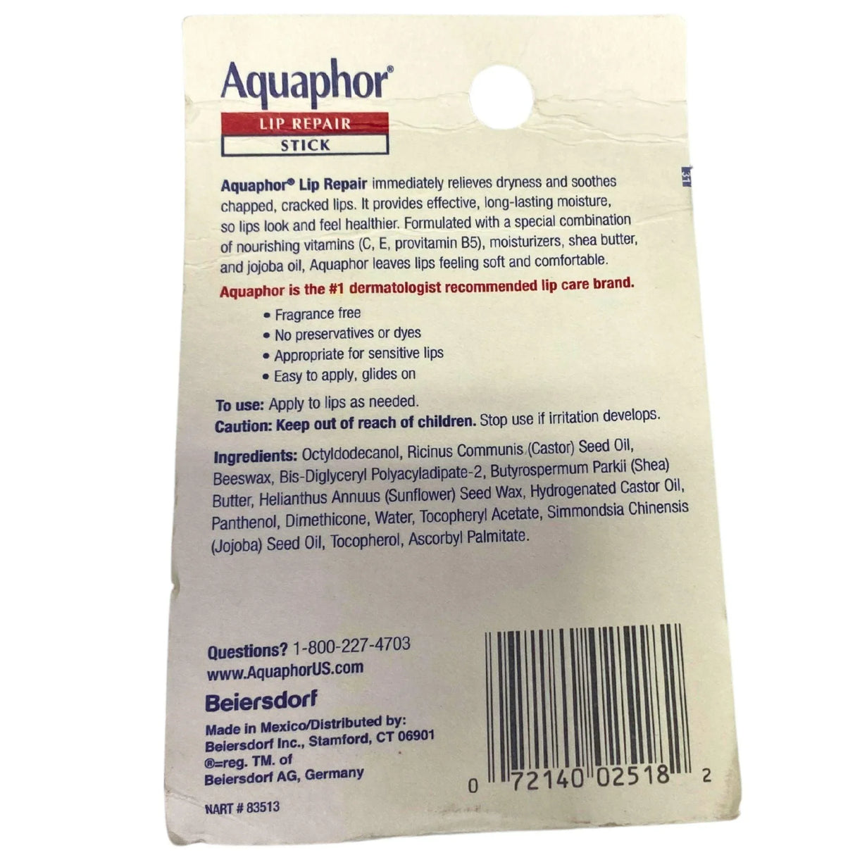 Aquaphor Lip Repair Inmediate Relief 4.8g Two (2) Sticks