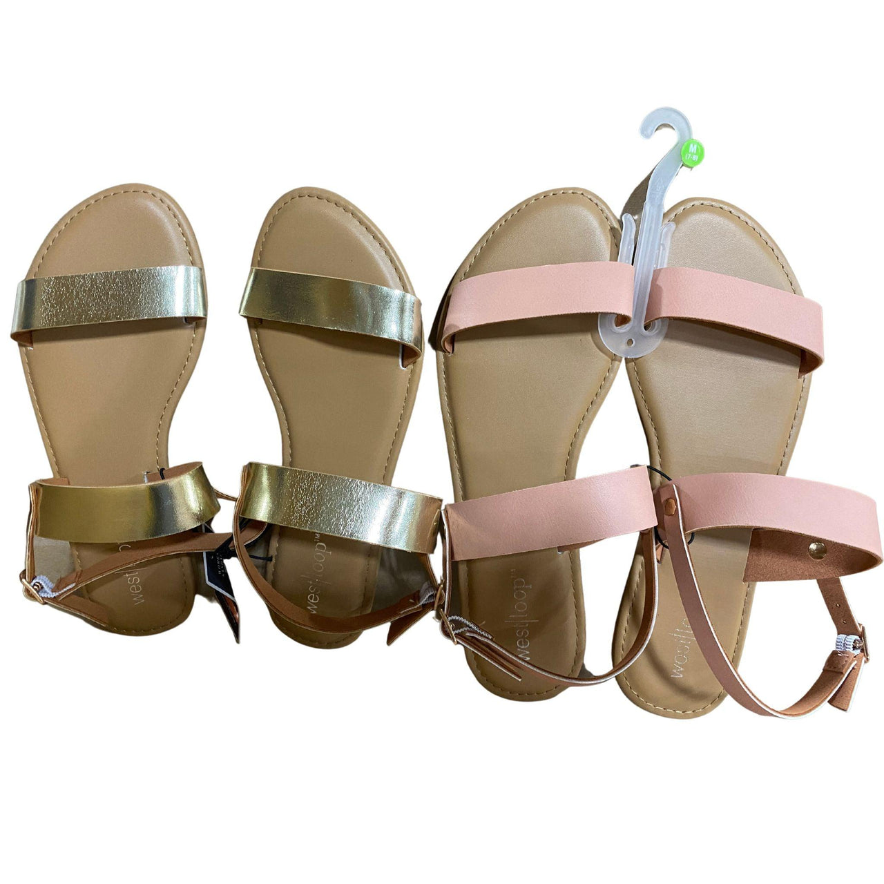 Assorted Colors/Sizes of Pink & Gold Strap Sandals (32 Pcs Lot) - Discount Wholesalers Inc