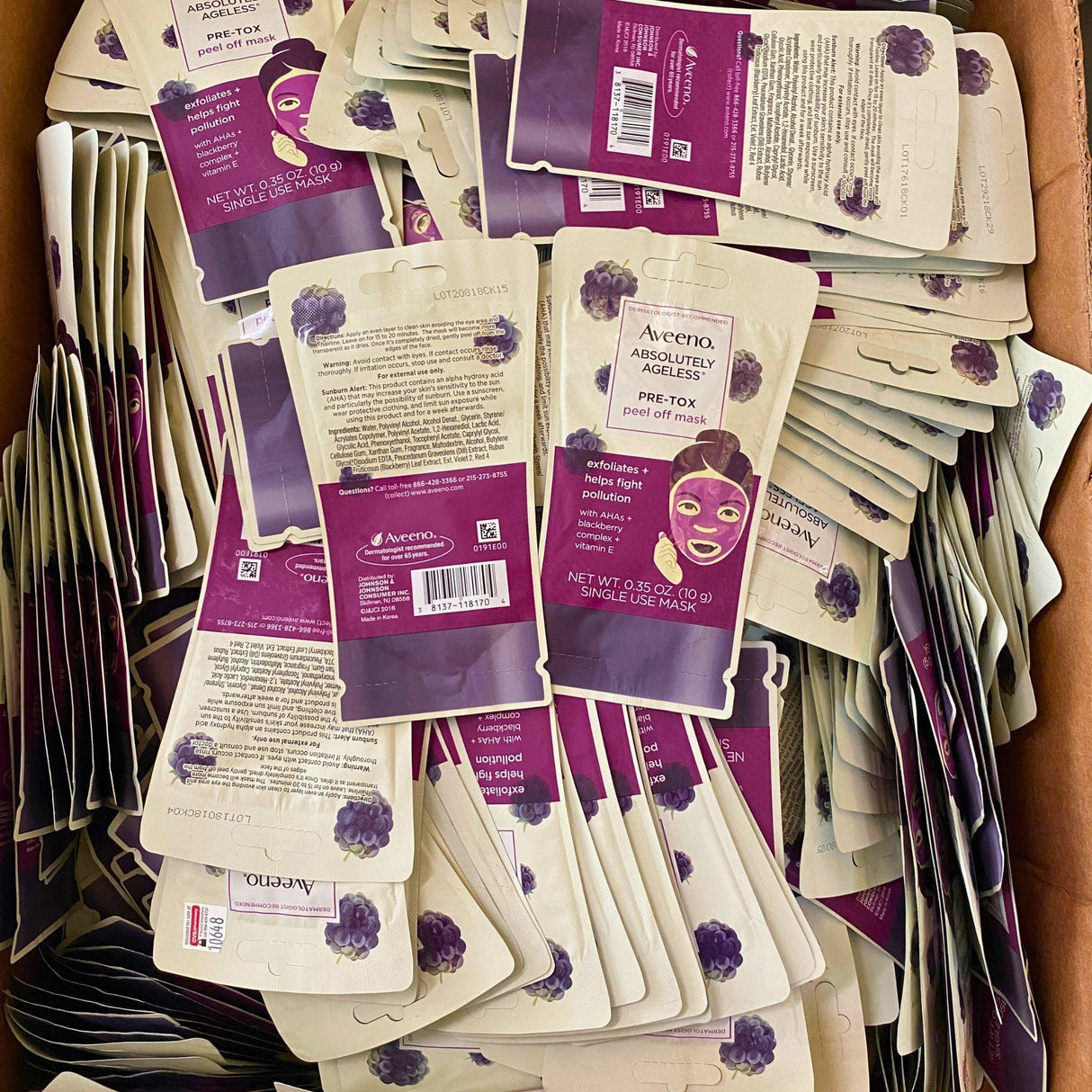 Aveeno Absolutely Ageless Pre-Tox Peel Off Mask Exfoliates + Blackberry Complex + Vitamin E 0.35OZ (100 Pcs Lot) - Discount Wholesalers Inc