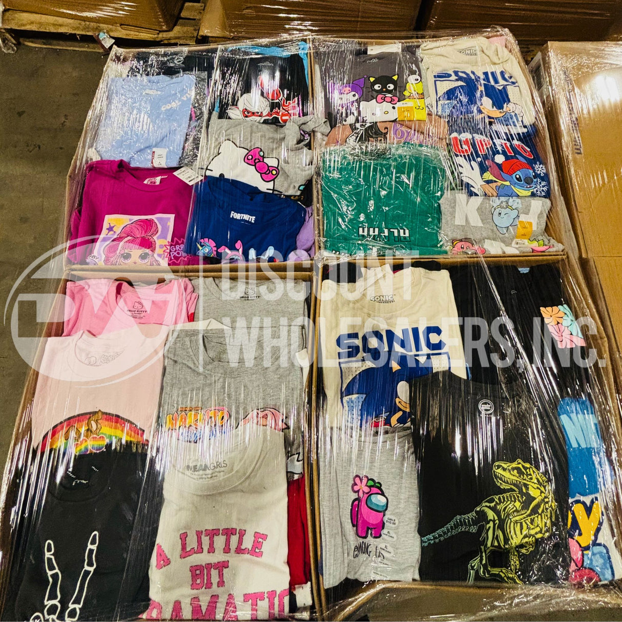 Kids Anime Character Tees Fortnite, Sonic,LOL Surprise, Mean Girls,Naruto and More (1200 Pcs Per Pallet)