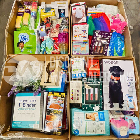 Unmanifested liquidation pallet from Discount Wholesalers Inc: four open boxes of mixed general merchandise, personal care and household items