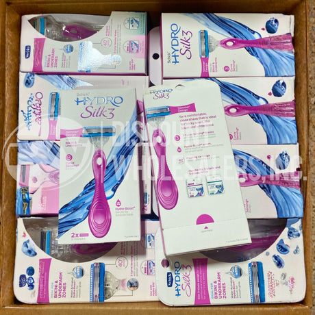 Schick Hydro Silk 3 Razor – Slim Design for Bikini & Underarms, Hydra-Boost Serum, 2 Cartridges + Handle (50 Pcs Lot)