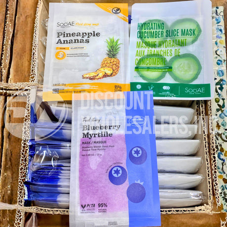 Food Story and SooAE Assorted Mask Pineapple, Cucumber, Blueberry 0.88 Oz. (150 Pcs Lot)