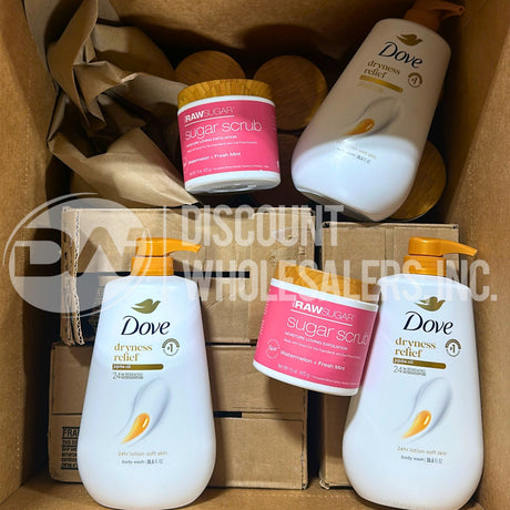 Dove Dryness Relief Body Wash & Raw Sugar Watermelon Scrub Mix  (60 Pcs Lot)