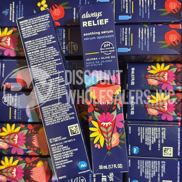 Always Relief Soothing Serum PH Balanced Jojoba+Olive Oil 1.7 Fl. Oz. (60 Pcs Lot)