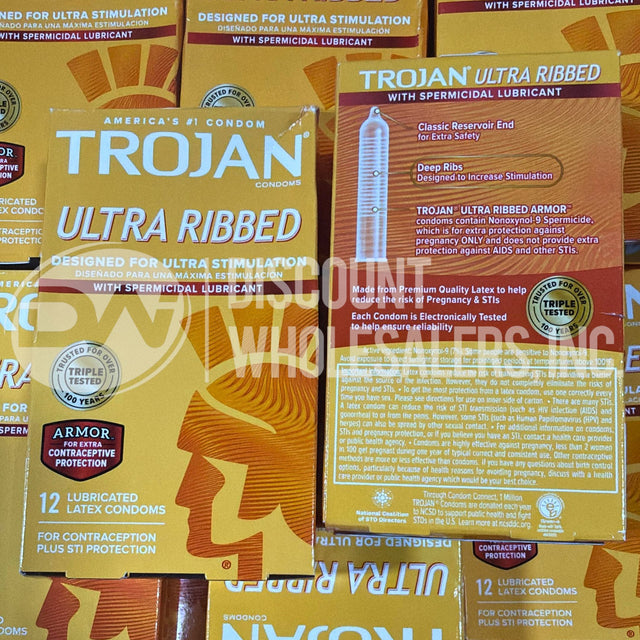 Trojan Ultra Ribbed Spermicidal Lubricated Latex Condoms (100 Pcs Lot)