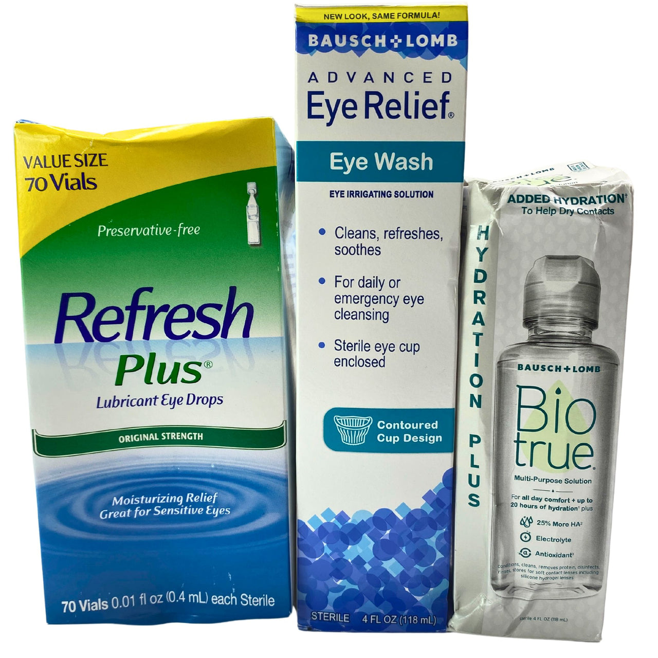 Refresh Plus, Bausch + Lomb and BioTrue Eye Relief Drops For Contacts