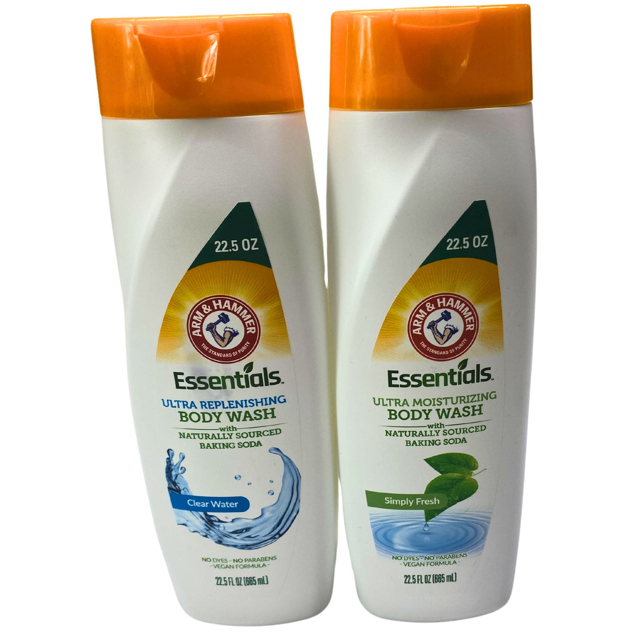 Arm & Hammer Essentials Utlra Replenishing Body Wash Clear Water 22.5 FL OZ And Ultra Moisturizing Body Wash Simply Fresh 22.5 FL OZ