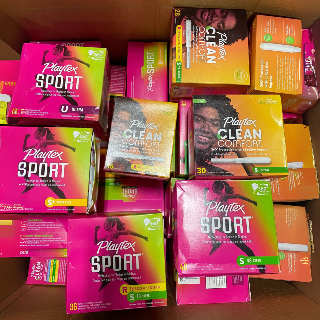 playtex clean comfort and playtex sport assorted differents sizes (MIX NOT GUARANTEED, PACKAGING MAY BE DAMAGED) 90pcLOT