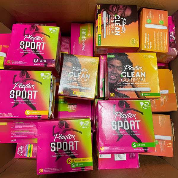 playtex clean comfort and playtex sport assorted differents sizes (MIX NOT GUARANTEED, PACKAGING MAY BE DAMAGED) 90pcLOT