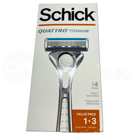 Schick Quattro Titanium 4 Blades Titanium Coated Blade Protects After 2400 Strokes Value Pack 1 Razor + 3 Cartridges (80 Pcs Lot)