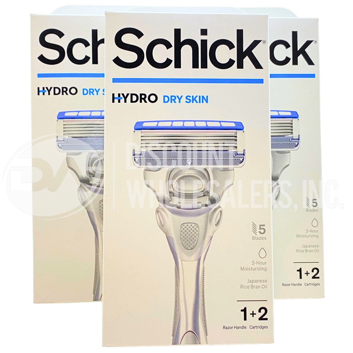 Schick Hydro para piel seca 1 maquinilla + 2 cartuchos, 5 hojas, aceite hidratante japonés de salvado de arroz, 2 horas (600 piezas por palé)