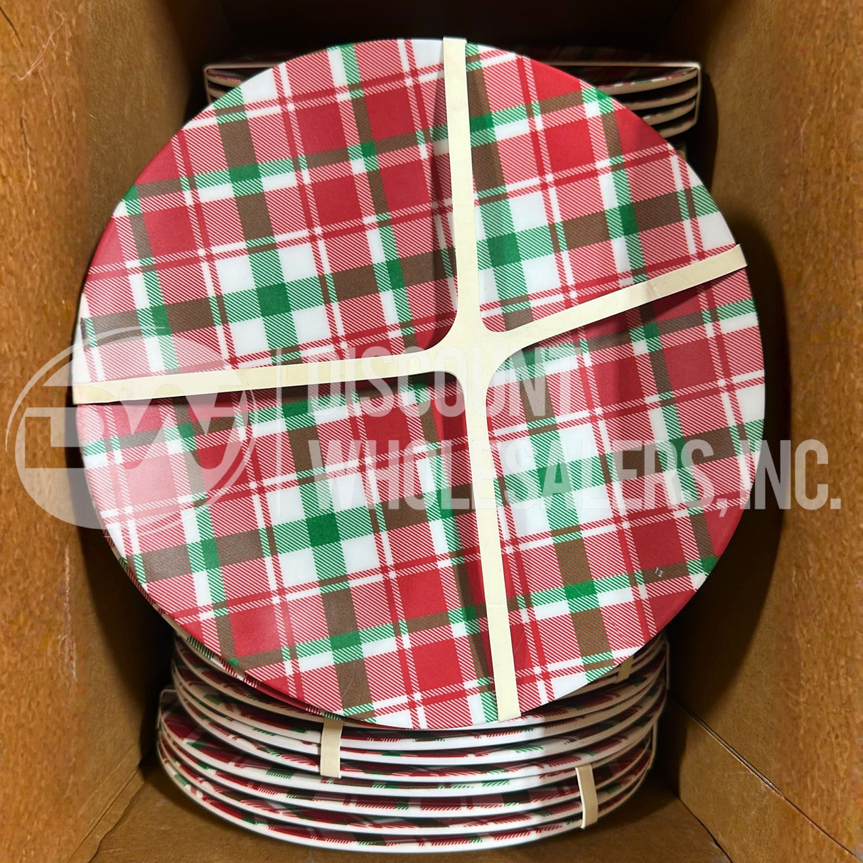 Christmas/Holiday 10.5” Melamine Dinner Plates w/Red & Green Plaid~4 Pack (100 Pcs Lot)