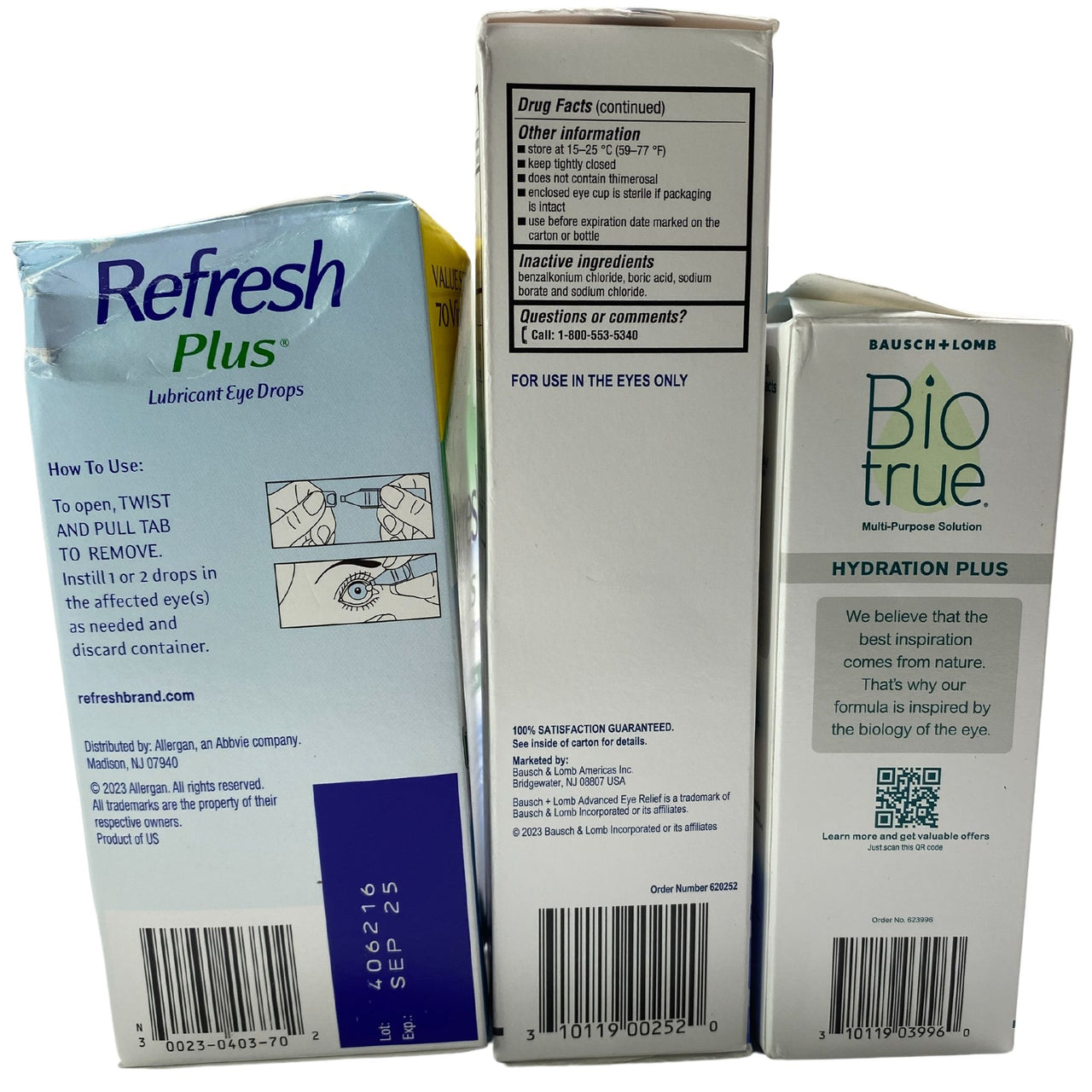 Refresh Plus, Bausch + Lomb and BioTrue Eye Relief Drops For Contacts