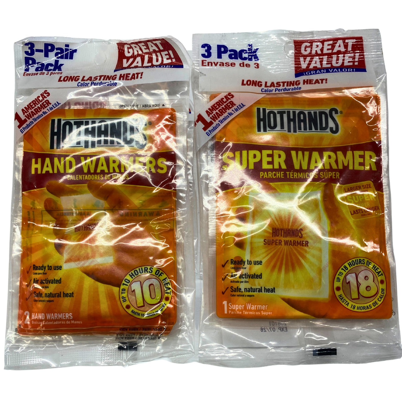 HotHands 2 hand warmers up to 10 hours and 1 super warmer up to 18 hours