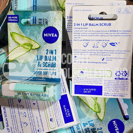 NIVEA 2 in 1 Lip Balm & Scrub with Aloe Vera 0.17 OZ (285 Pcs Lot)