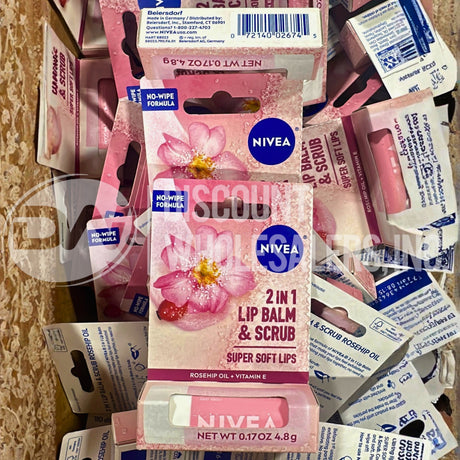 Nivea Lip 2-In-1 Lip Balm & Scrub Rosehip Oil+Vit-E 0.17 OZ (245 Pcs Lot)