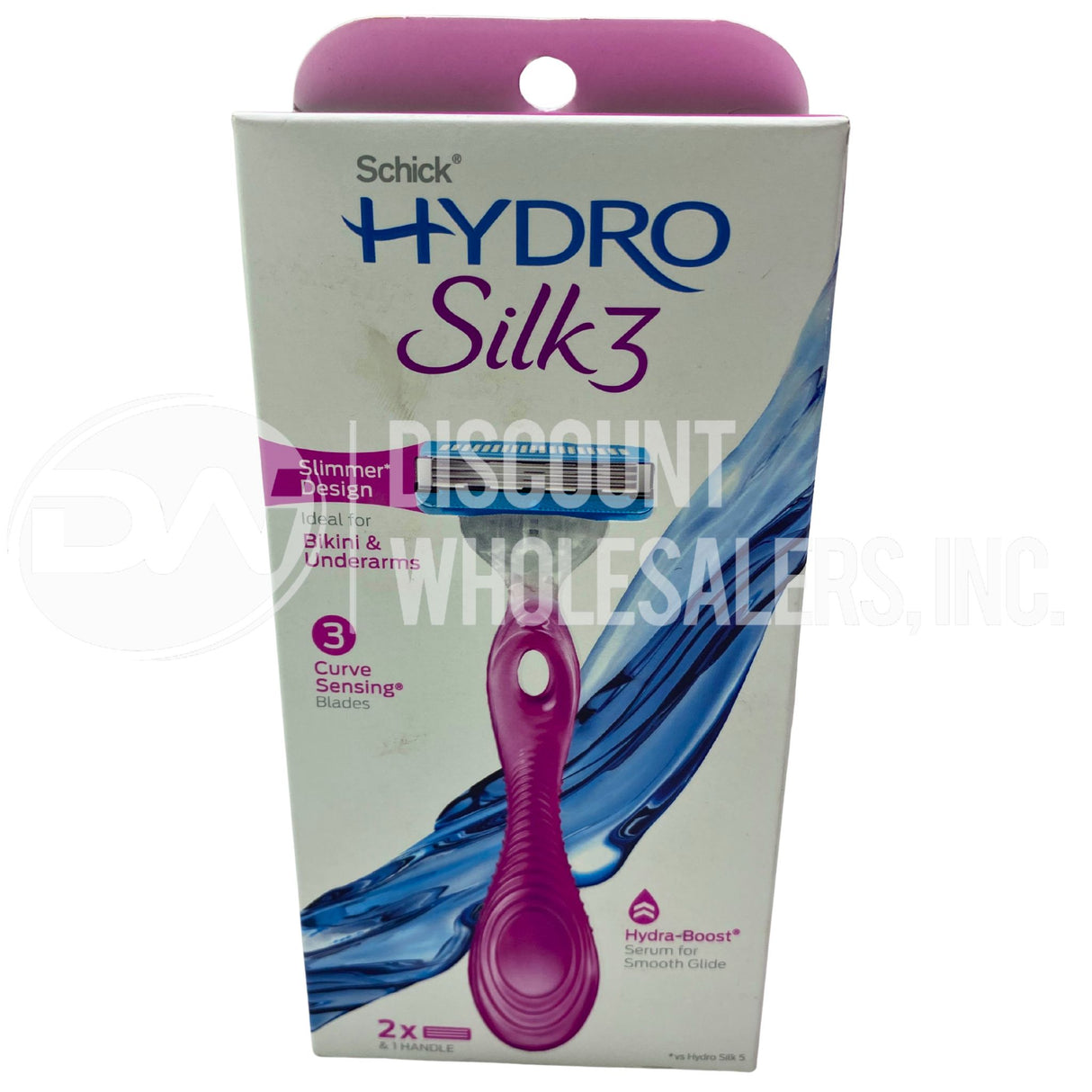 Schick Hydro Silk 3 Razor – Slim Design for Bikini & Underarms, Hydra-Boost Serum, 2 Cartridges + Handle (50 Pcs Lot)