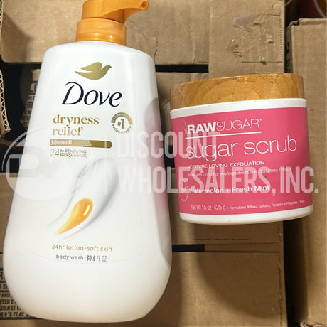 Dove Dryness Relief Body Wash & Raw Sugar Watermelon Scrub Mix  (60 Pcs Lot)