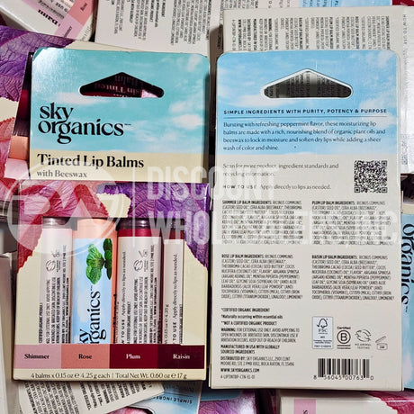 Sky Organics Tinted Lip Balms w/ Beeswax 4 Pack Shimmer, Rose, Plum & Raisin (210 Pcs Lot)