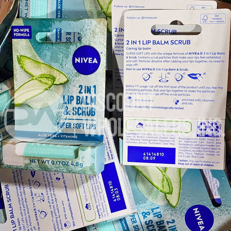 Nivea 2 in 1 Lip Balm & Scrub with Aloe Vera 0.17 OZ (240 Pcs Lot)
