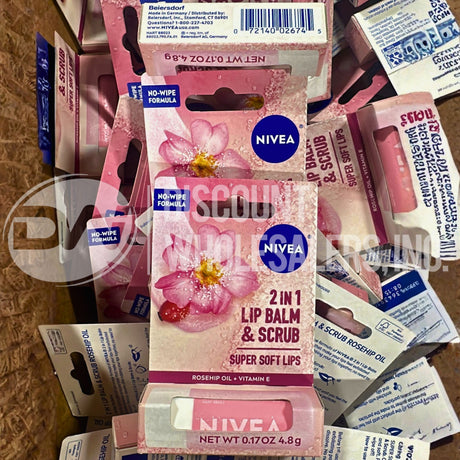 Nivea Lip 2-In-1 Lip Balm & Scrub Rosehip Oil+Vit-E 0.17 OZ (245 Pcs Lot)