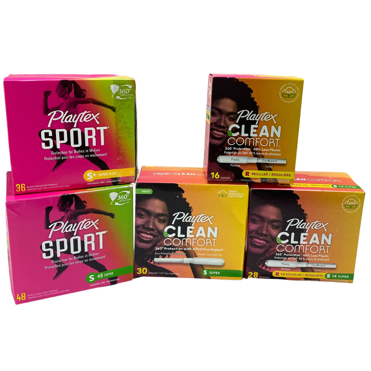 playtex clean comfort and playtex sport assorted differents sizes (MIX NOT GUARANTEED, PACKAGING MAY BE DAMAGED) 90pcLOT