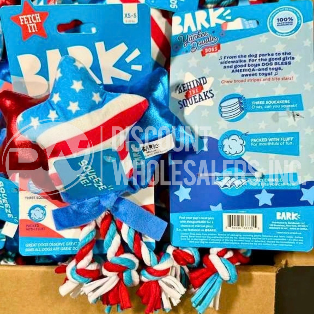 BARK Yankee Doodle Dogs Star-Spangled Squeaks Dog Toy 8" XS-S Dogs w/3 Squeakers (50 Pcs Lot)
