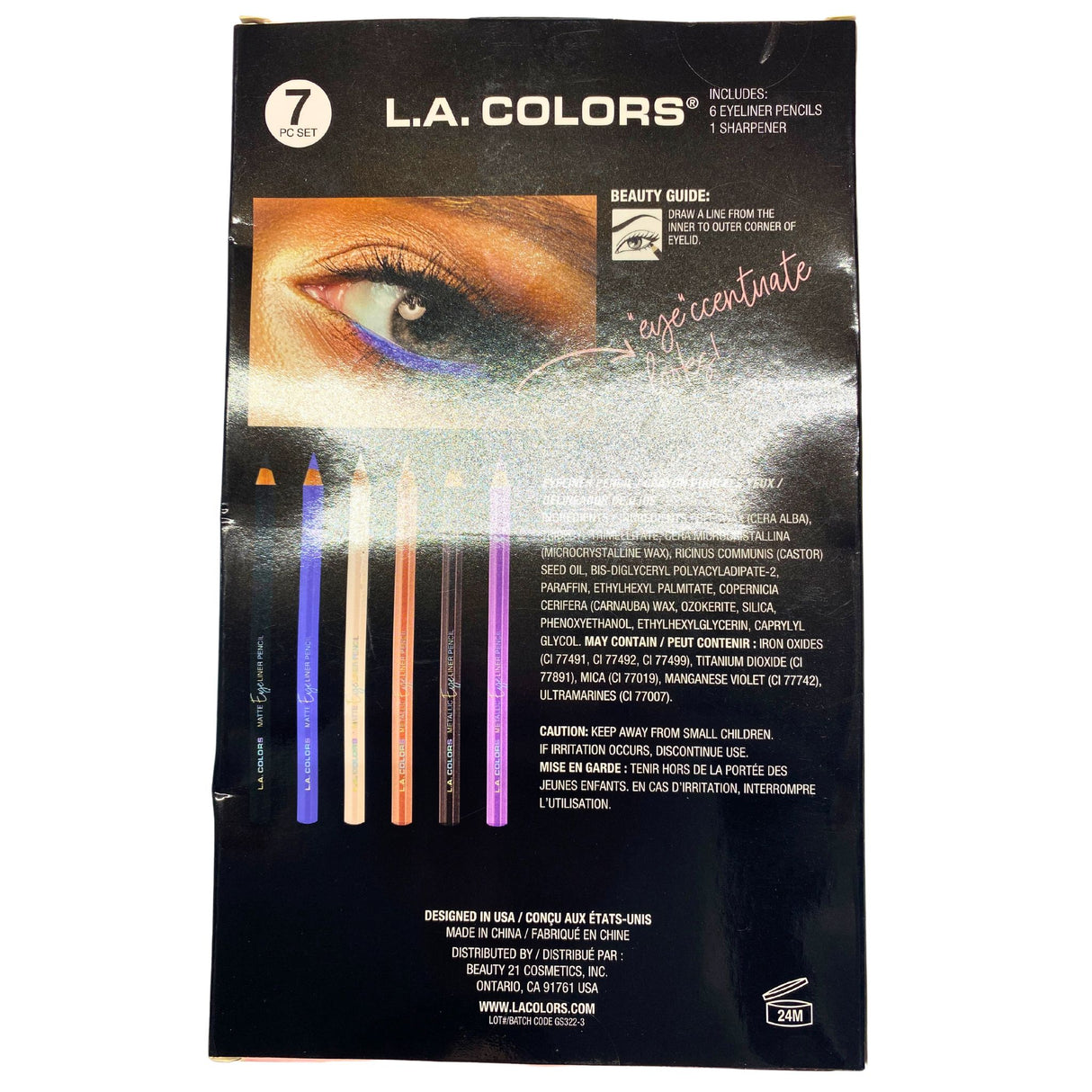 L.A. Colors Eyeliner Pencils with Sharpener, 7pc Set (50 Pcs Lot)