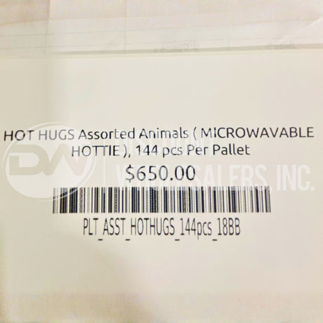 HOT HUGS Assorted Animals ( MICROWAVABLE HOTTIE ), (144 Pcs Per Pallet)