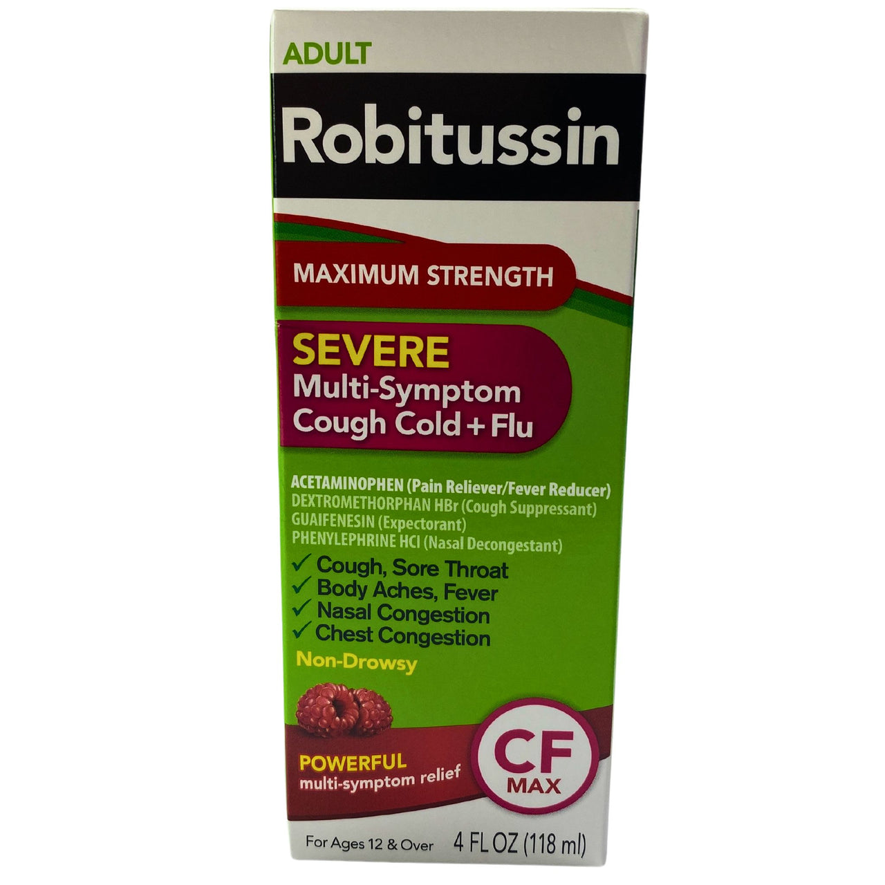 Robitussin Adult Maximum Strength Serve Multui-Symptom Cough Cold + Flu CF Max for Ages 12 & Over 4 FL OZ