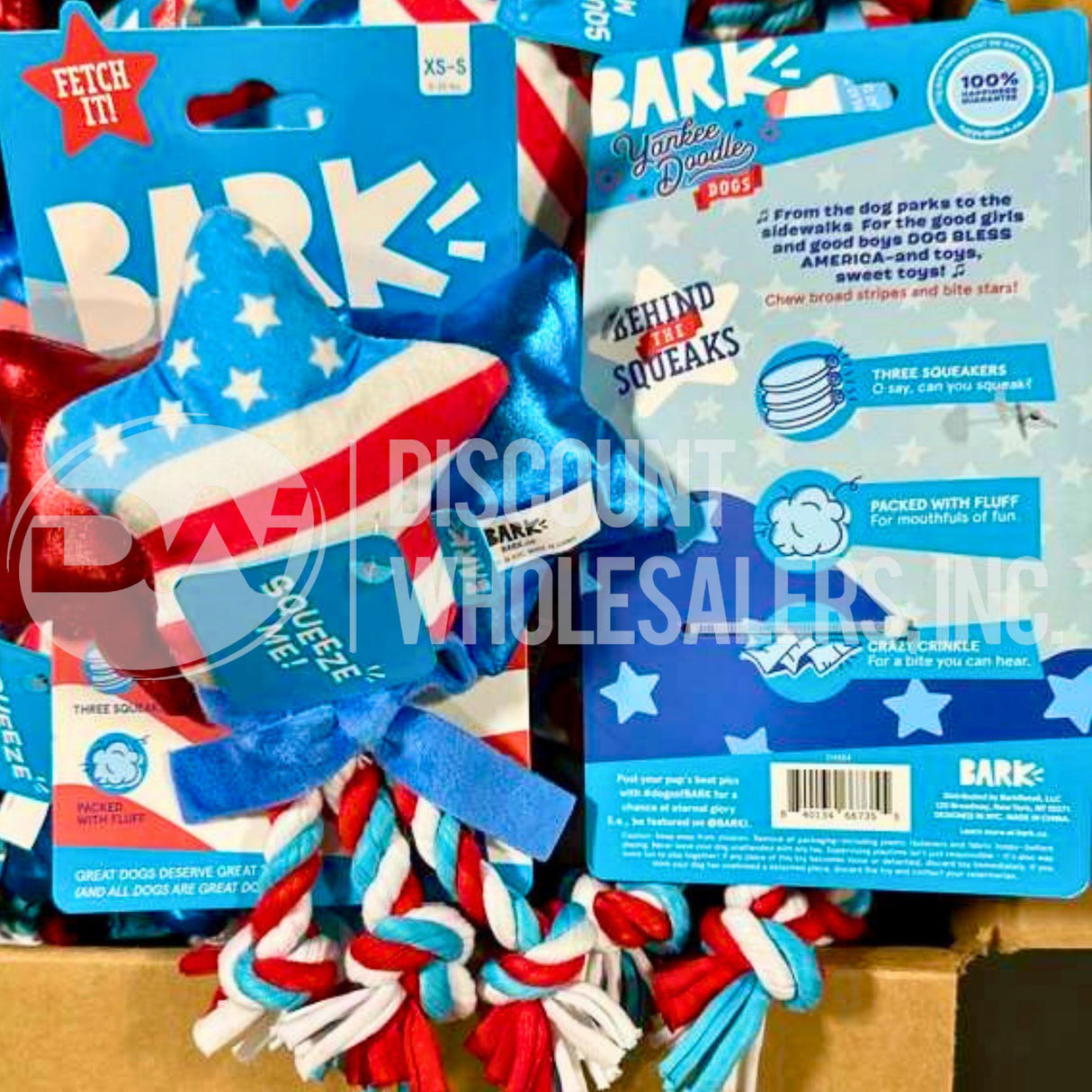 Bark Yankee Doodle Dogs Star-Spangled Squeaks Dog Toy 8" XS-S Dogs w/3 Squeakers (58 Pcs Lot)