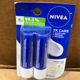 Nivea 3x Care Moisture Lip Care, 0.17 oz two (2) sticks