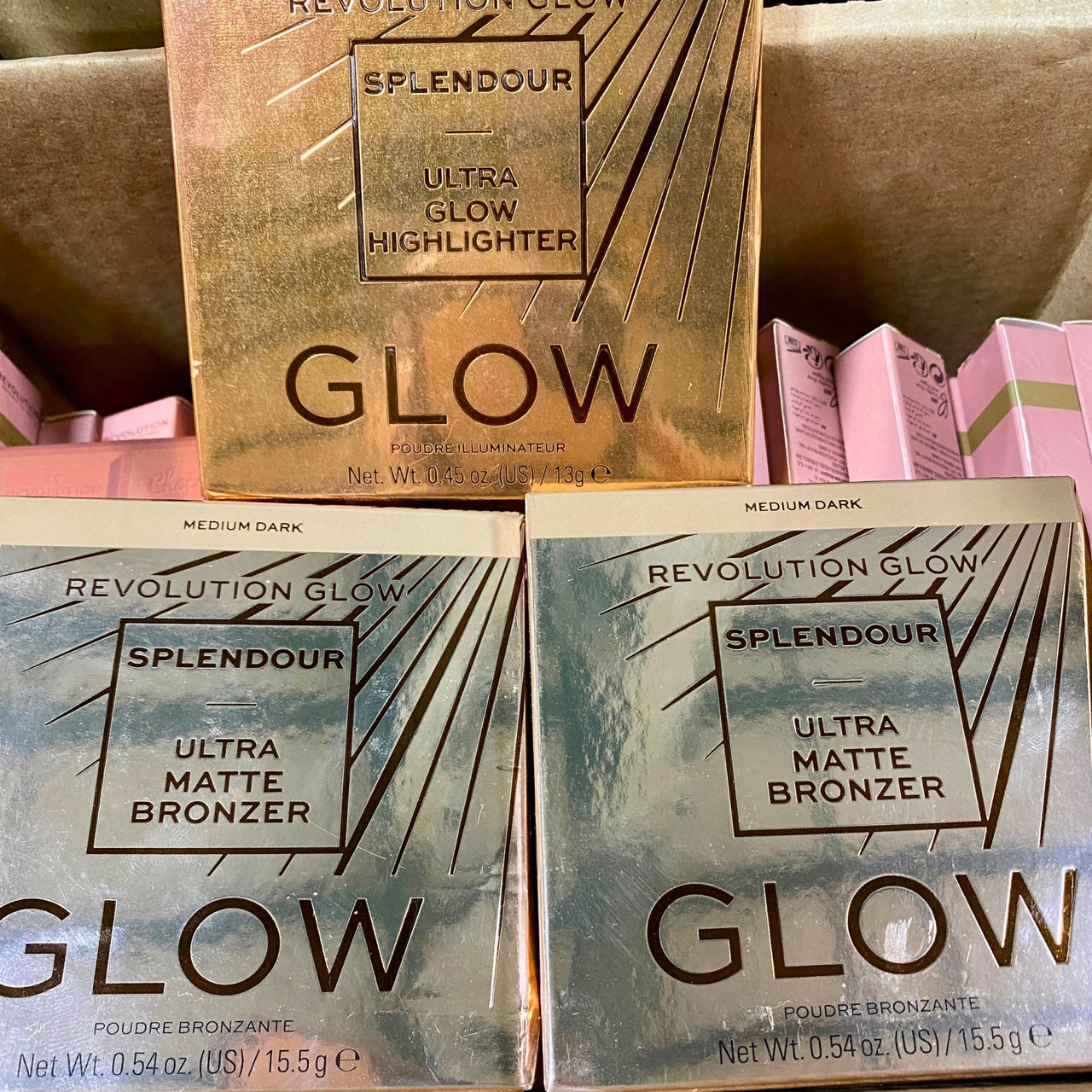 Revolution Glow Splendour Luminous Ultra Glow Highlighter 0.45 OZ and Medium Dark Ultra Matte Bronzer 0.54 OZ 