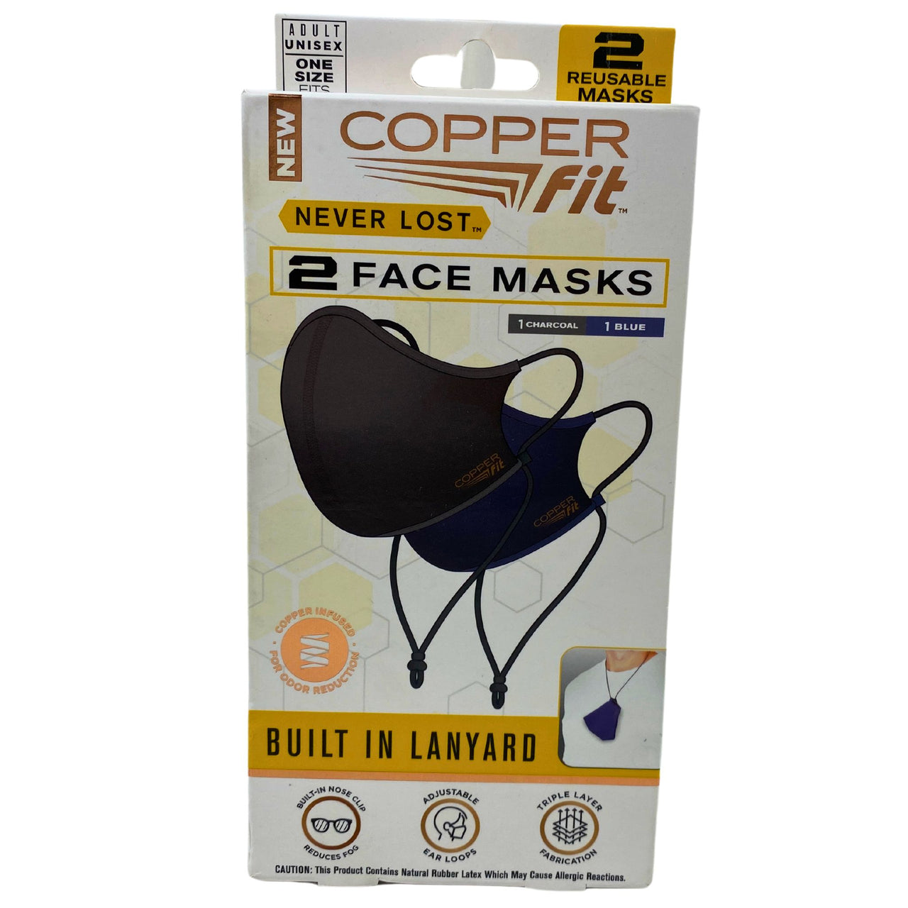 COPPERfit Never Lost 2 Face Masks 1 Charcoal & 1 Blue Buillt In Lanyard 