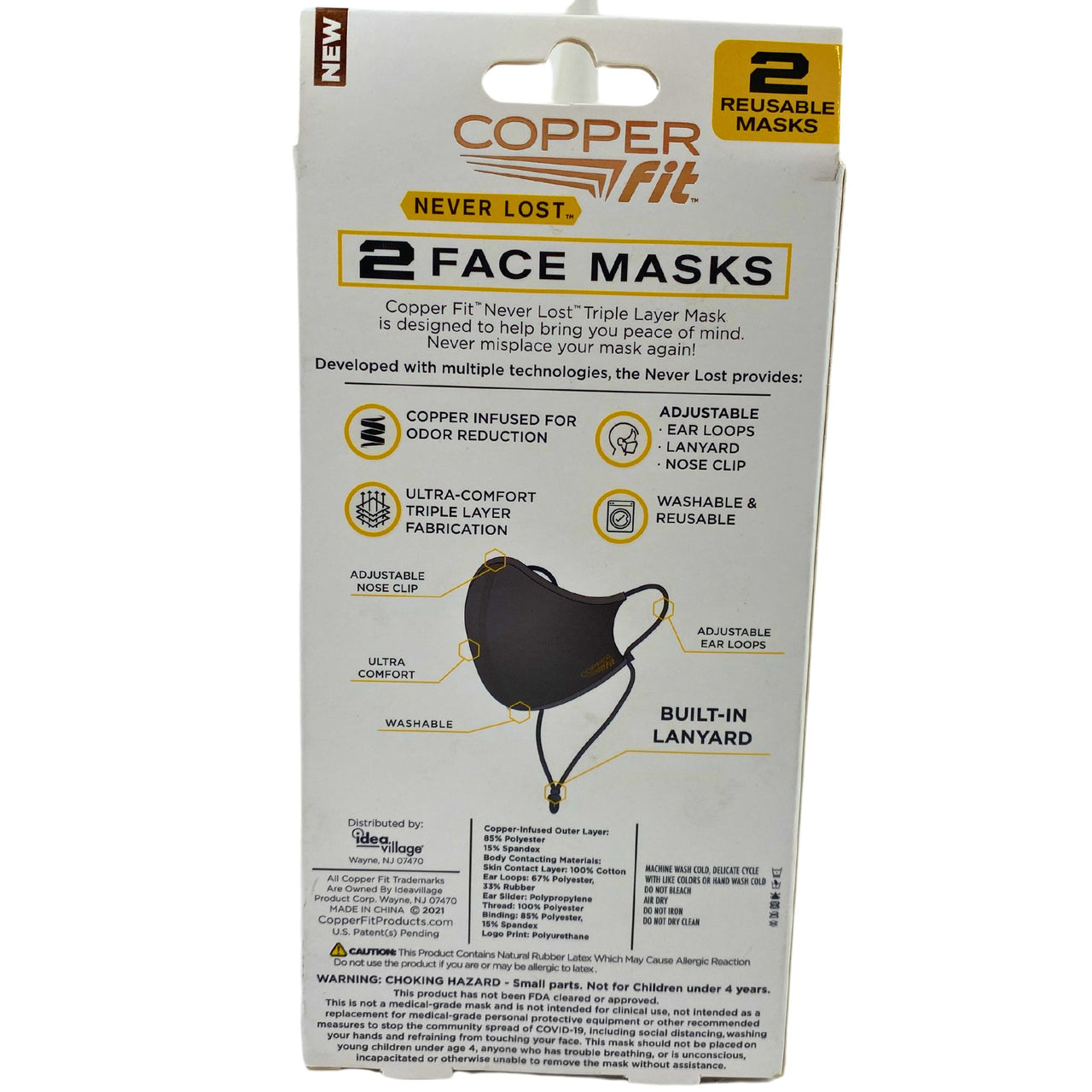 COPPERfit Never Lost 2 Face Masks 1 Charcoal & 1 Blue Buillt In Lanyard 