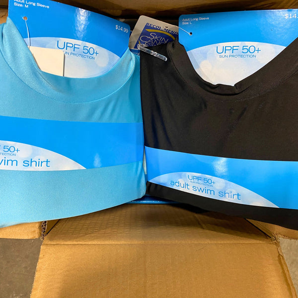 Adult Long Sleeve Swim Shirt Black & Blue Assorted Sizes UPF 50+ Sun Protection