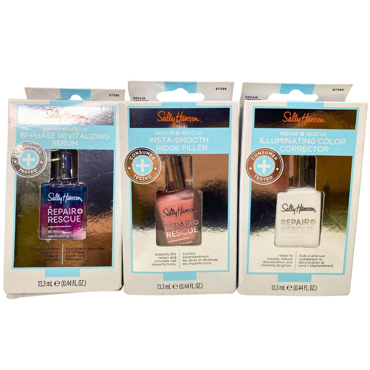 Sally Hansen Repair & Rescue includes  Illuminating Color Corrector , Insta-Smooth Ridge Filler & Bi-Phase Revitalizing Serum (60 Pcs Lot)