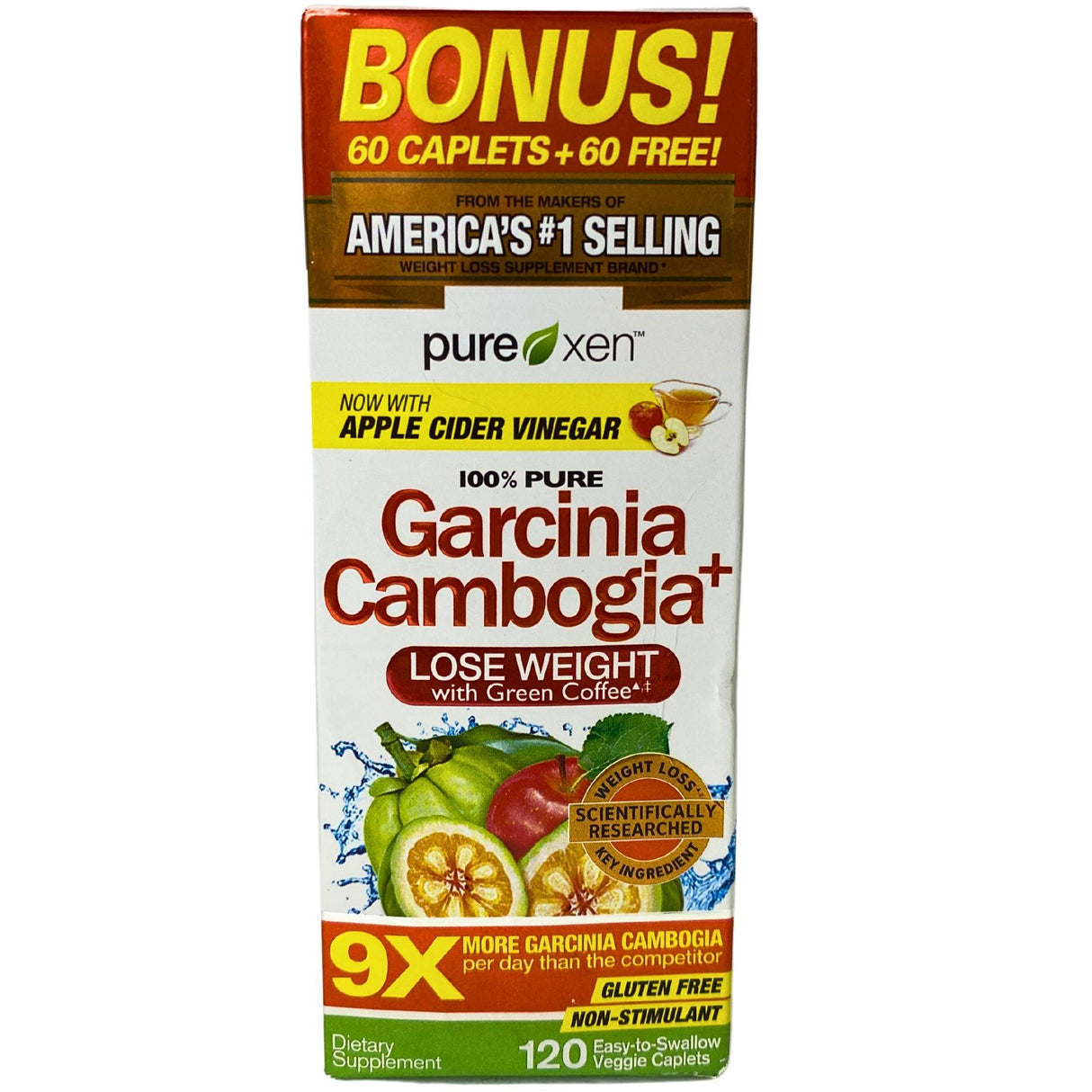 Pure - Xen 100%  Pure Garcinia + Cambogia Lose Weight with Green Coffee Gluten Free Non Stimulant 120  Veggie Caplets (40 Pcs Lot)