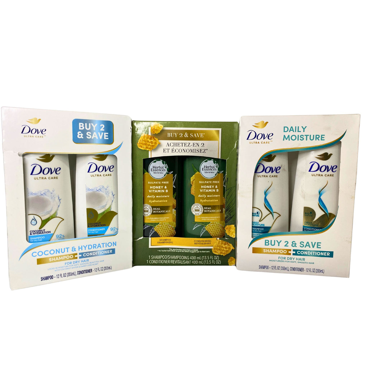 Shampoo & Conditioner Sets include Brands like Herbal Essences,Dove & Suave 