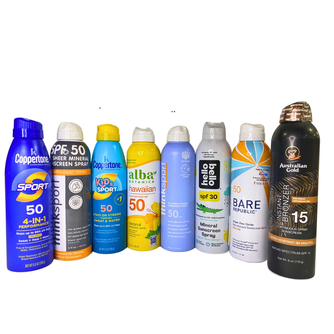Sunscreen Mix Brands like Coppertone , Think , Alba , Bare Republic , Hello Bello