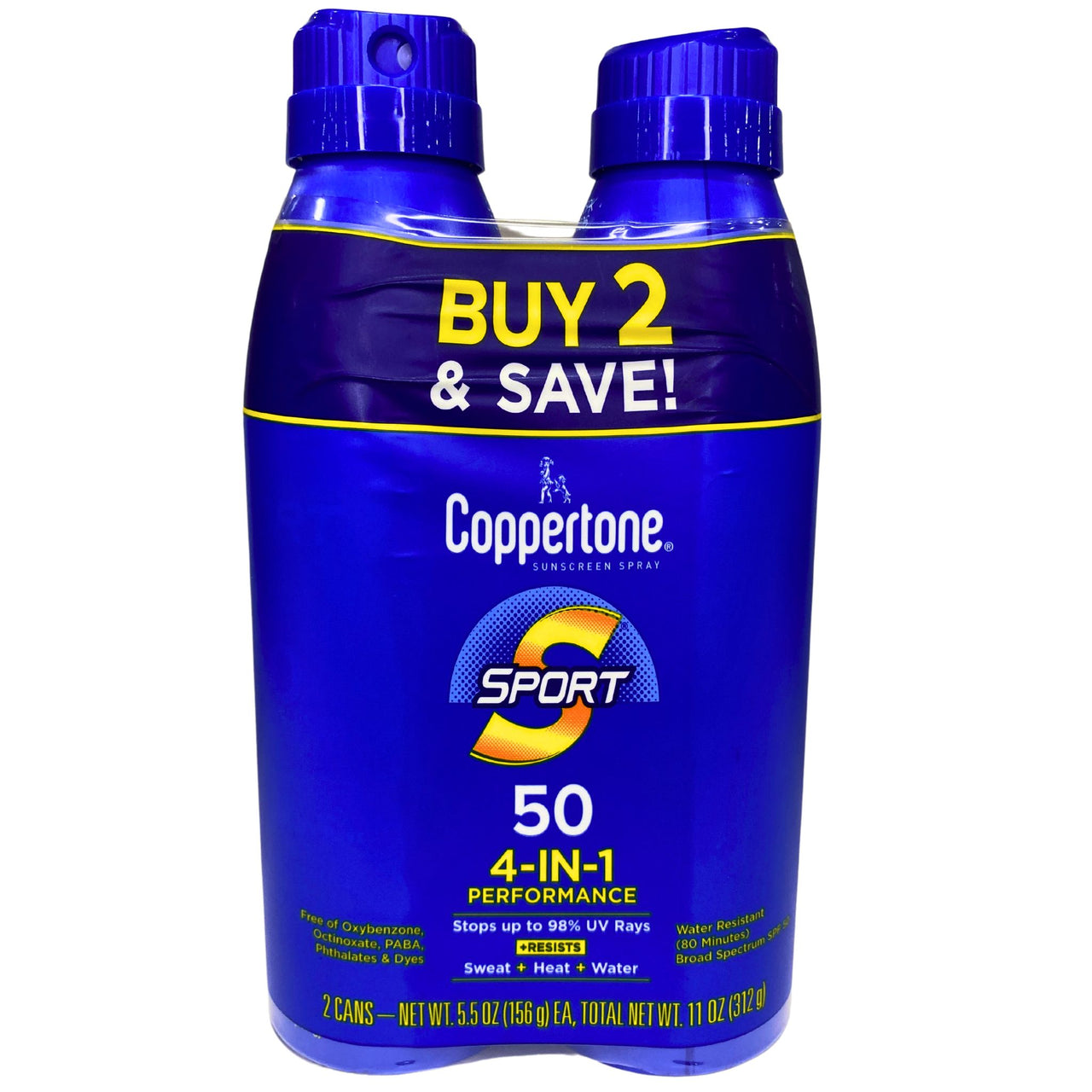 Coppertone Sunscreen Spray Sport 50 4-IN-1 Performance 11OZ total TWIN PACK