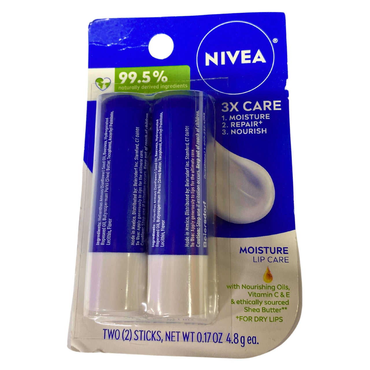 Nivea 3x Care Moisture Lip Care, 0.17 oz two (2) sticks