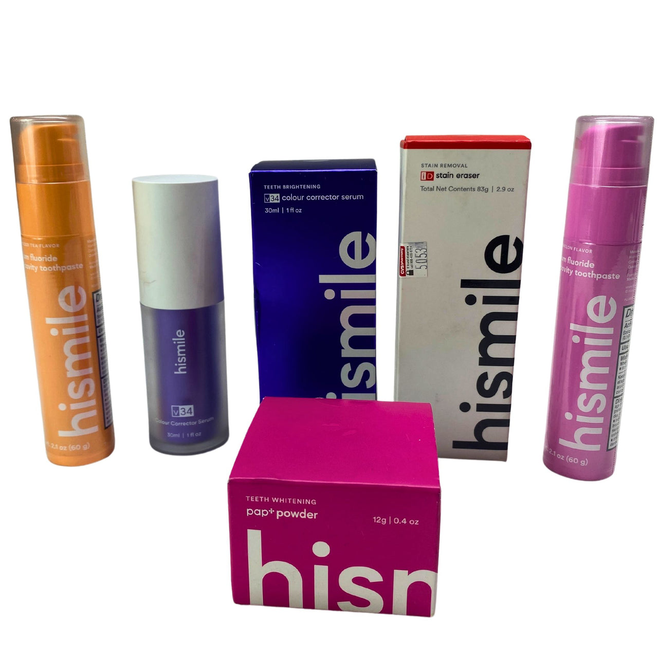 Hismile Assorted Corrector Serum, Stain Eraser, Pap Powder, Toothpaste