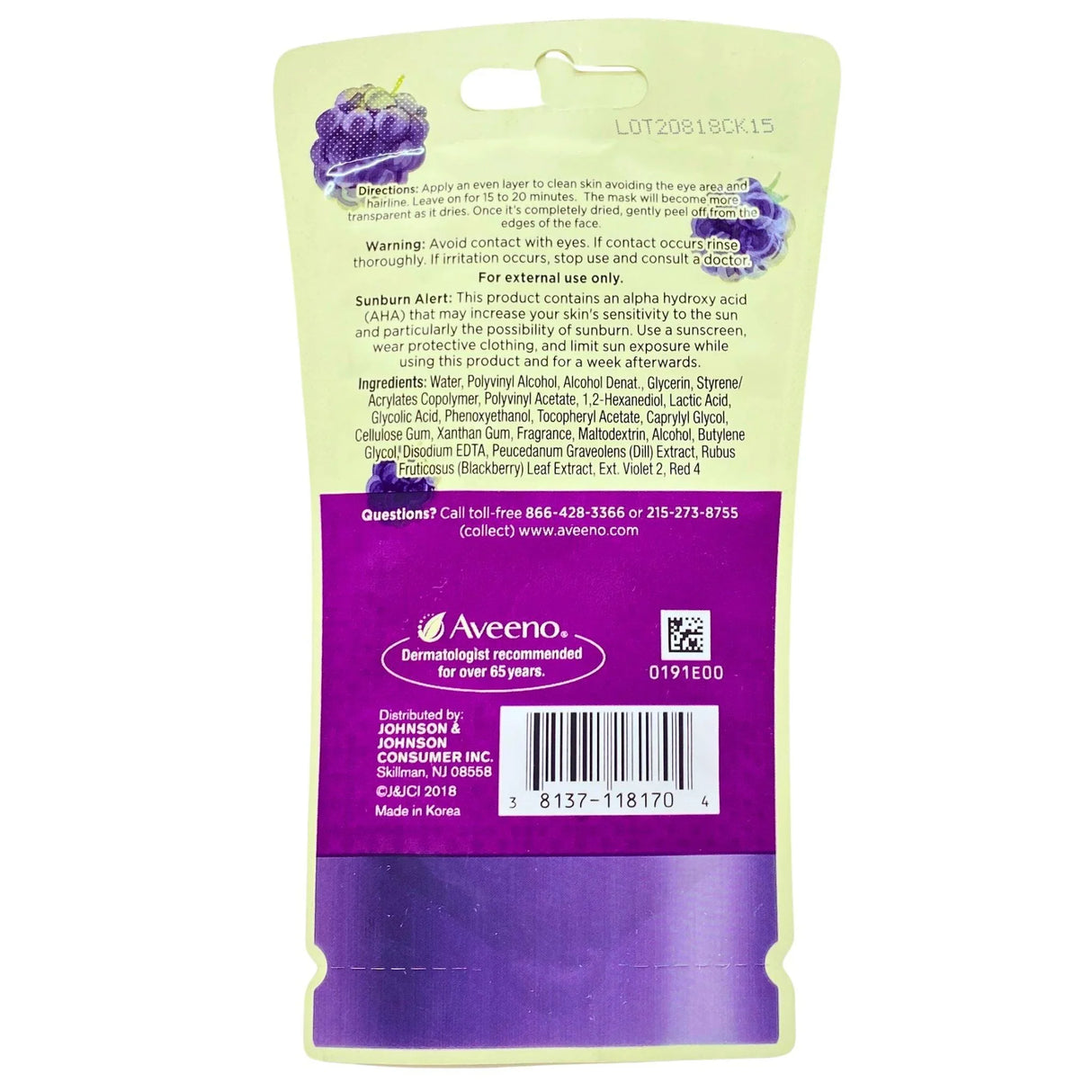 Aveeno Absolutely Ageless Pre-Tox Peel Off Mask Exfoliates + Blackberry Complex + Vitamin E 0.35OZ (100 Pcs Lot) - Discount Wholesalers Inc