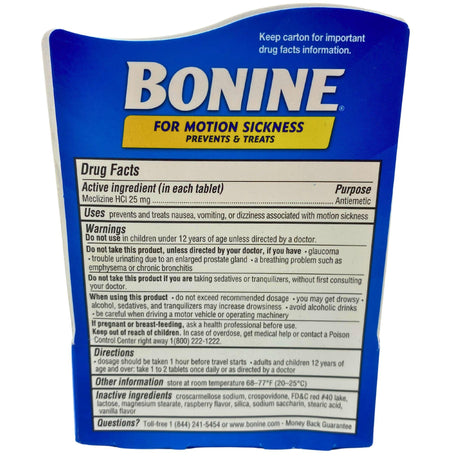 Bonine for Motion Sickness Prevents & Treats Nausea , Dizziness And Vomiting Chewable Tablets (50 Pcs Lot) - Discount Wholesalers Inc