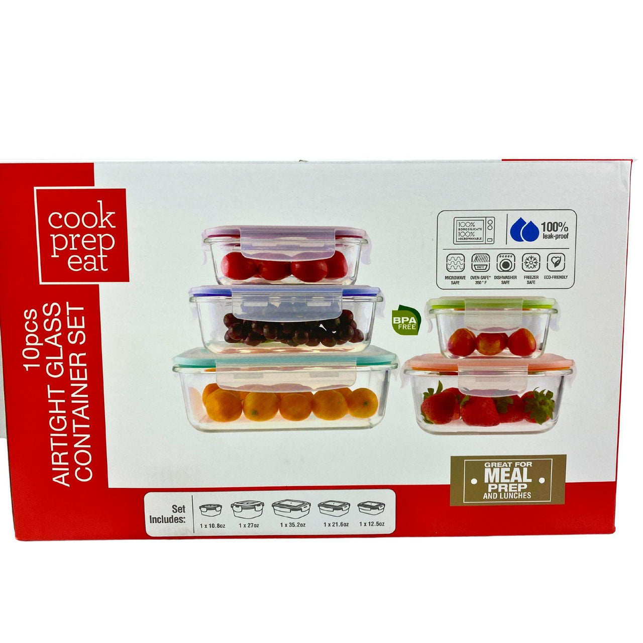 Cook Prep Eat 10pcs Airtight Glass Container Set Assorted Sizes/Colors (20 Pcs Lot) - Discount Wholesalers Inc