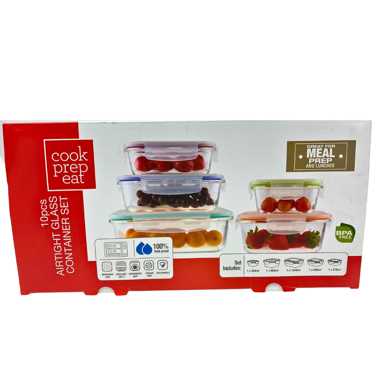 Cook Prep Eat 10pcs Airtight Glass Container Set Assorted Sizes/Colors (20 Pcs Lot) - Discount Wholesalers Inc